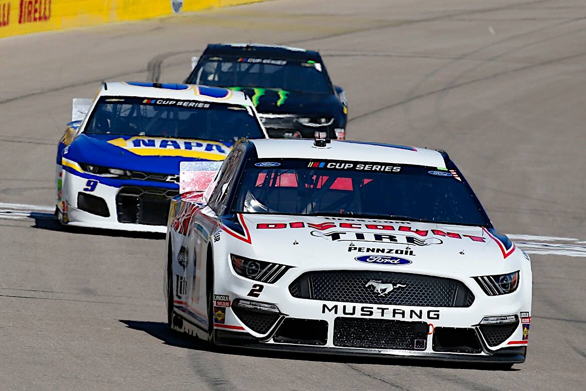 Penske's Brad Keselowski was seventh and Stewart Haas Racing's Kevin Harvick eighth. Penske's Brad Keselowski was seventh and Stewart Haas Racing's Kevin Harvick eighth.